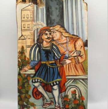 Χειροποίητη ξύλινη εικόνα ΄΄Ερωτόκριτος και Αρετούσα΄΄ εμπνευσμένη από Θεόφιλο ζωγραφισμένη στο χέρι. Διαστάσεις 0,36εκ Χ 0,14εκ