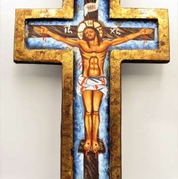 Χειροποίητη Αγιογραφία Σταύρωση ζωγραφισμένη στο χέρι και σκαμμένη , βυζαντινή σε σχήμα σταυρού. Διαστάσεις 0,32εκ Χ 0,22εκ