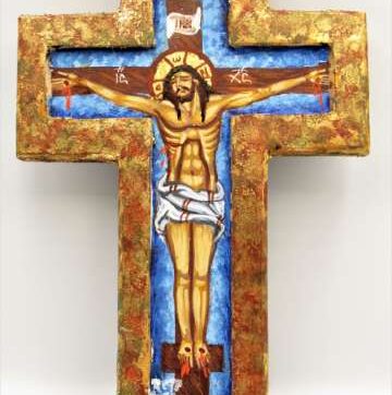 Χειροποίητη Αγιογραφία Σταύρωση ζωγραφισμένη στο χέρι και σκαμμένη , βυζαντινή σε σχήμα σταυρού. Διαστάσεις 0,23εκ Χ 0,16εκ